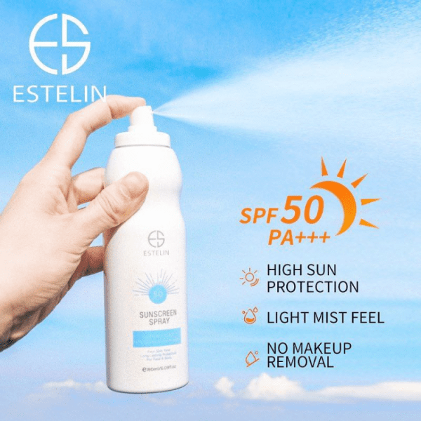 اسپری ضدآفتاب روشن کننده پوست و ضدلک بیرنگ استلین spf50 +++PA Estelin Ultra-Light Hydrating Invisible Sunscreen Spray SPF50 +++PA