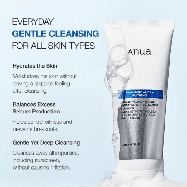 فوم شستشوی هیالورونیک اسید و پنتنول آنوا (ANUA 8 Hyaluronic Acid Hydrating Gentle Foaming Cleanser)