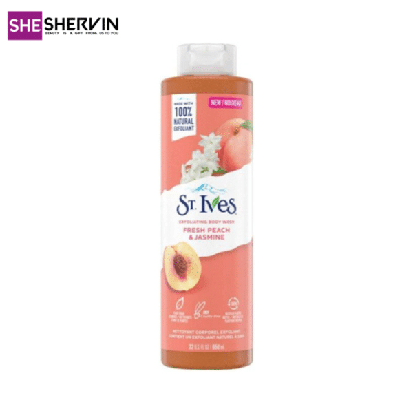 شامپو بدن هلو و یاس سینت ایوز حجم 650 میل (St. Ives Peach & Jasmine Body Wash) ترکیبی دلپذیر از طبیعت و لطافت است که با فرمولاسیونی ملایم و رایحه‌ای شیرین و گلی، پوست بدن را به‌نرمی پاکسازی کرده و رایحه‌ای ماندگار و آرامش‌بخش روی آن باقی می‌گذارد.