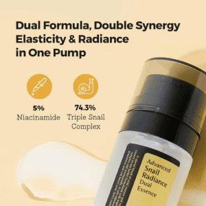 دبل سرم اسنس آبرسان حلزون کوزارکس 80میل | COSRX Advanced Snail Radiance Dual Essence 80mlدبل اسنس کوزارکس برخلاف اسنس تک فاز این برند، دارای دو نوع اسنس است که وقتی پامپ می‌شود هردو باهم ترکیب می‌شوند. اسنس شفاف خاصیت ارتجاعی پوست را افزایش می‌دهد و رطوبت پوست را افزایش می‌دهد درحالی که اسنس کرمی سد دفاعی پوست را تقویت می‌کند و ان را شفاف می‌کند. دبل اسنس کوزارکس علاوه بر افزایش خاصیت ارتجاعی و تامین رطوبت پوست، تاثیر بالایی در کوچک کردن منافذ دارد. ترکیبات این محصول شامل 74% ترشح حلزون سیاه، حلزون خشکی و حلزون صدف طلایی و 5% نیاسینامید است. اسنس کوزارکس علاوه بر همه ی این ویژگی ها ، جذب بقیه محصولاتی ک روی ان می‌زنید را بیشتر می‌کند. نحوه استفاده: بعد از شوینده و تونر، روزی یک الی دوبار مقداری از اسنس را روی پوست ماساژ دهید تا جذب شود سپس از بقیه محصولات خود یا یک مرطوب کننده استفاده کنید.
